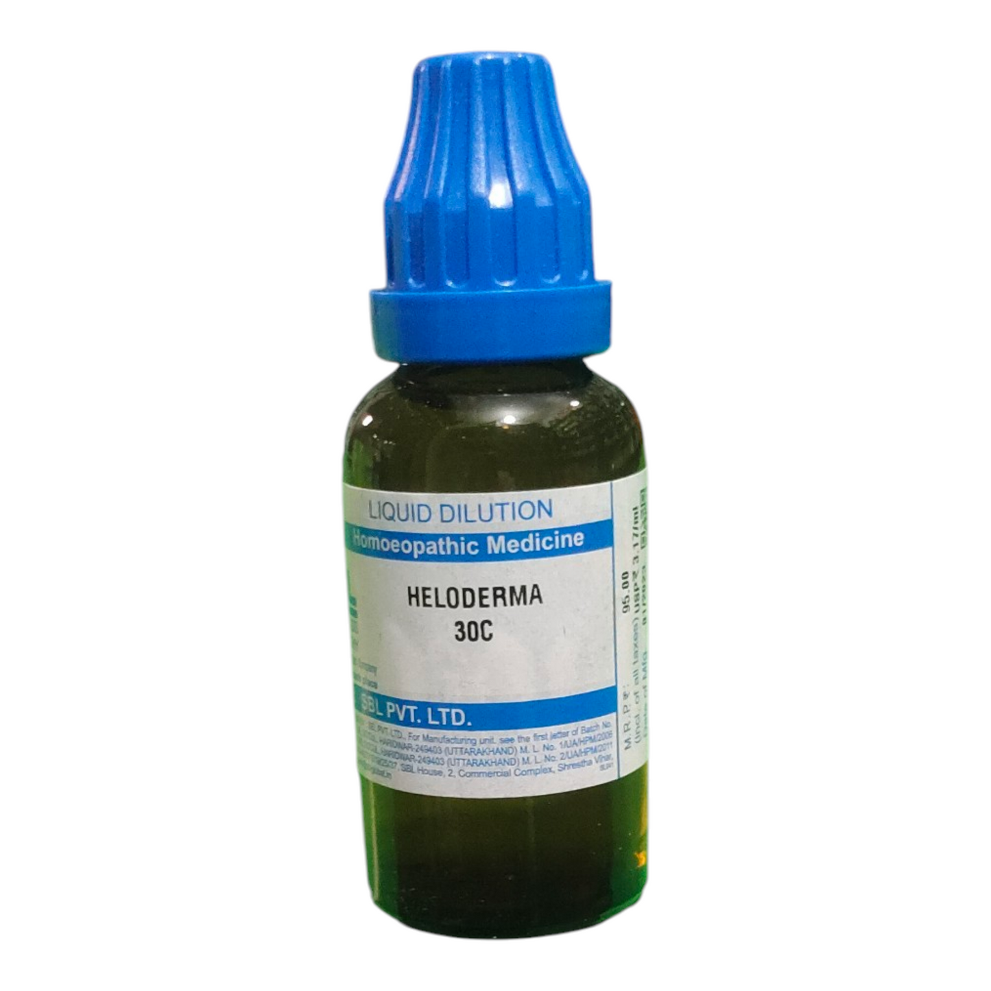 Bottle of Heloderma 30C homeopathic medicine with a blue cap on a white background