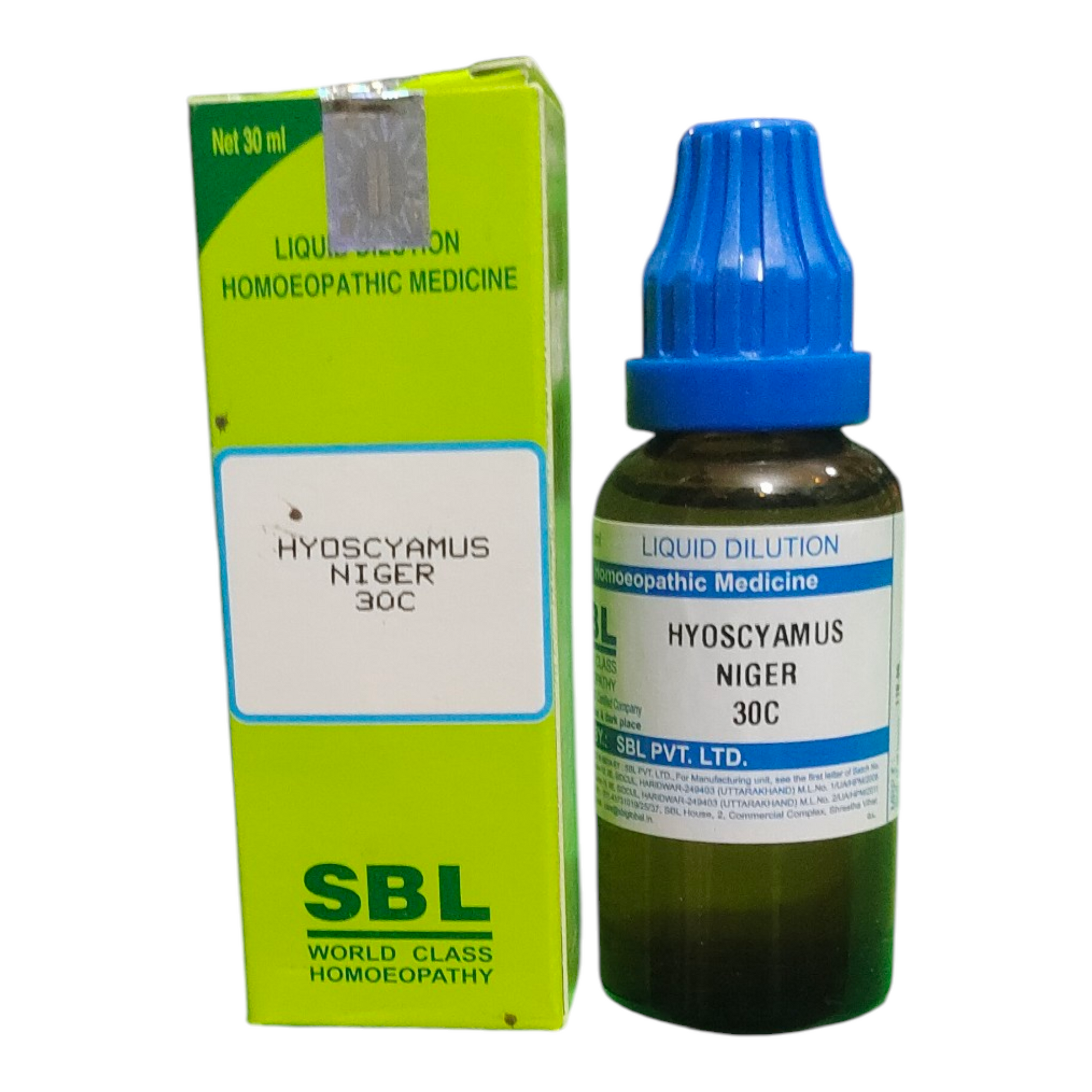 SBL Hyoscyamus Niger 30C homeopathic medicine bottle and packaging on a white background