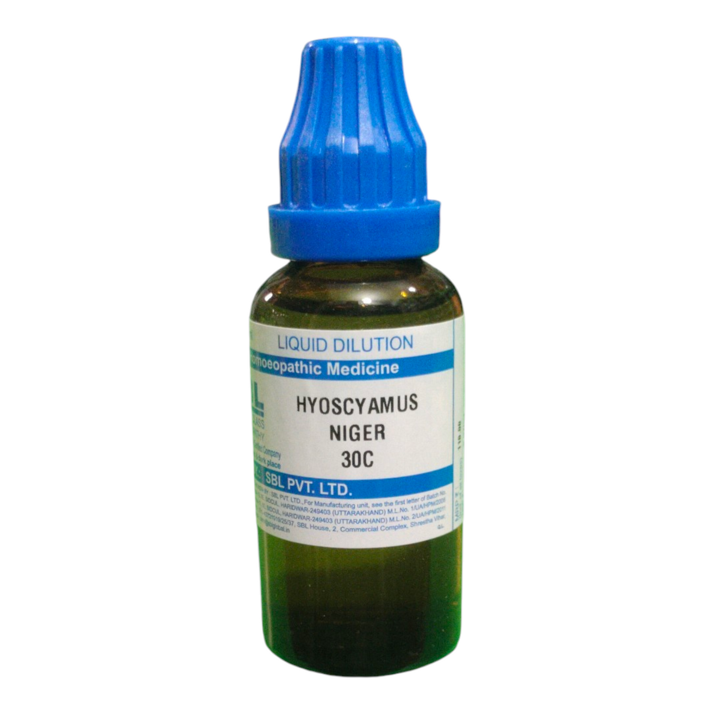 Bottle of Hyoscyamus Niger 30C liquid dilution with a blue cap on a white background
