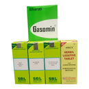 Collection of homeopathic medicine boxes including Bharati Gasomin and Krig's Herbal Laxative Tablet on a white background.