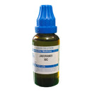 Bottle of Jaborandi 30C liquid dilution with blue cap on a white background