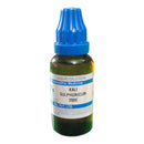 Bottle of Kali Sulphuricum 200C liquid dilution with a blue cap on a white background
