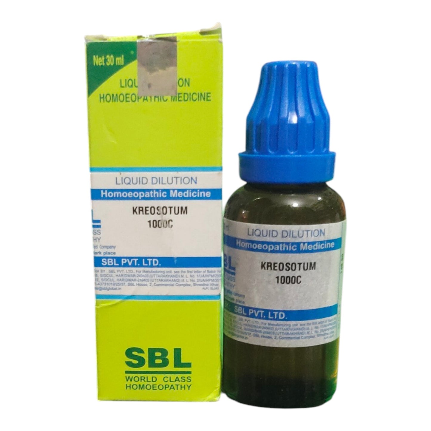 SBL Kreosotum 1000Ch homeopathic medicine bottle and packaging on a white background