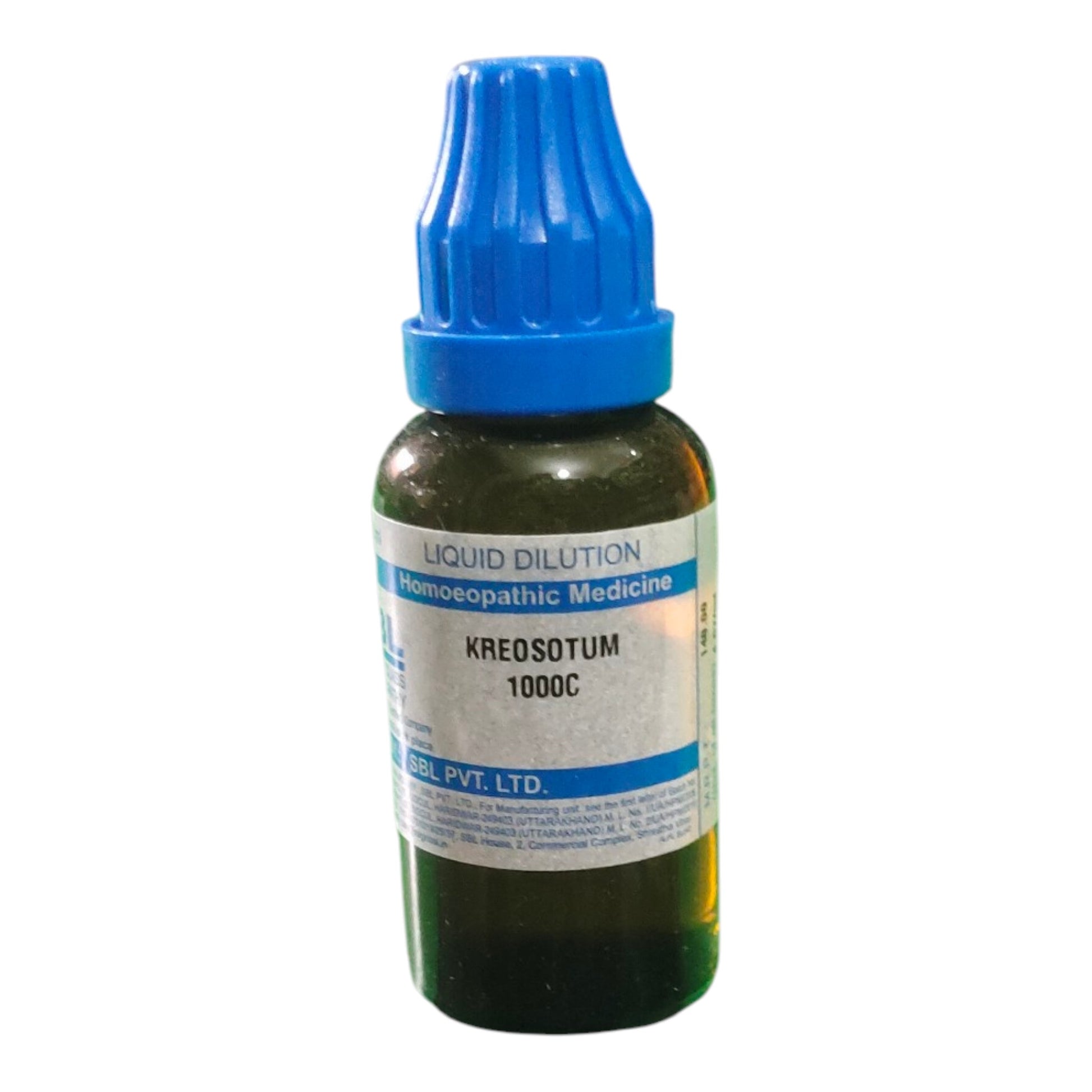 Bottle of KREOSOTUM 1000C liquid dilution with blue cap on a white background