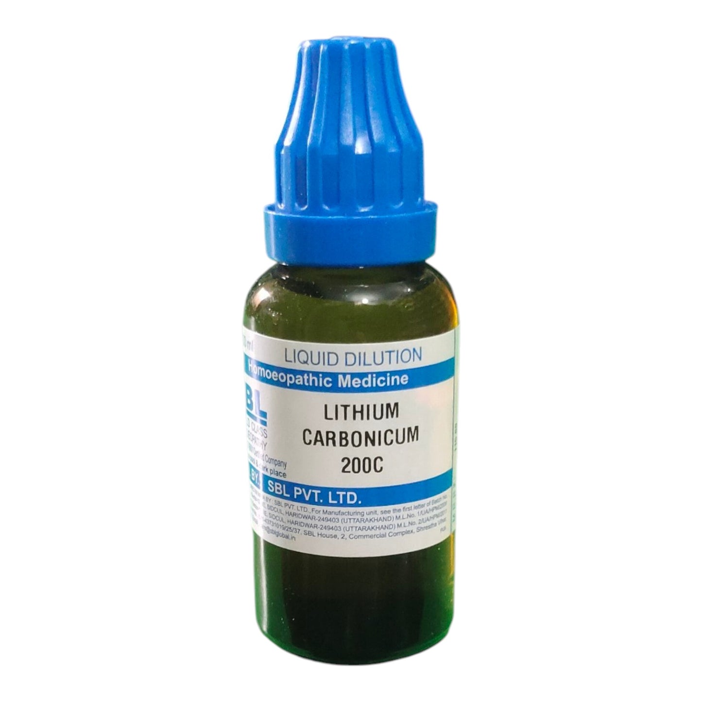 Bottle of Lithium Carbonicum 200C liquid dilution with blue cap on a white background