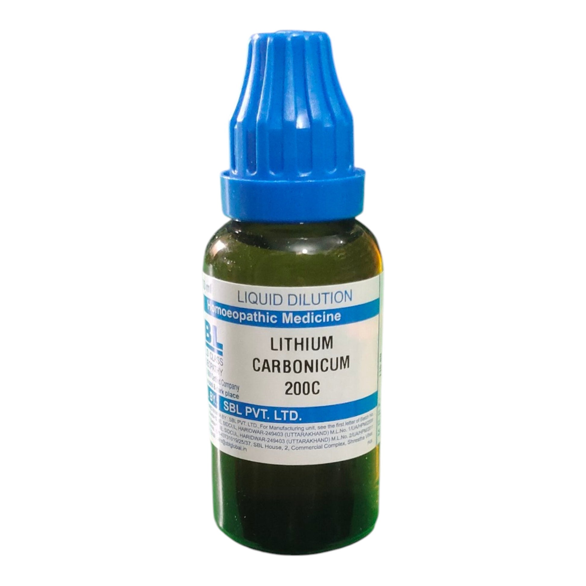 Bottle of Lithium Carbonicum 200C liquid dilution with blue cap on a white background