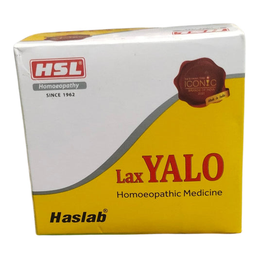 Haslab HSL Lax Yalo homeopathic medicine box, featuring a yellow and white design with red and black text.