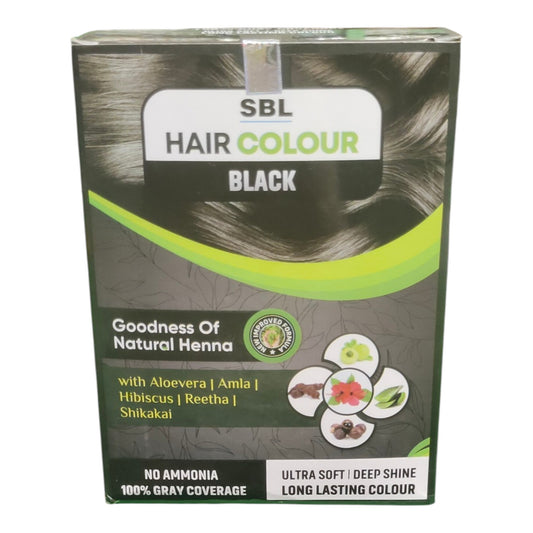 A box of SBL Hair Colour Black natural henna, featuring a dark gray and black design with a bright green swoosh and images of hair.
