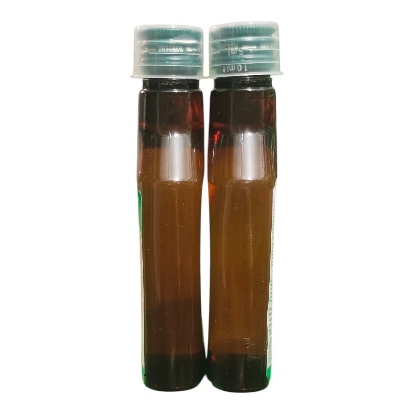 Two amber glass vials with translucent green caps, filled with a brown liquid, shown side by side on a white background.