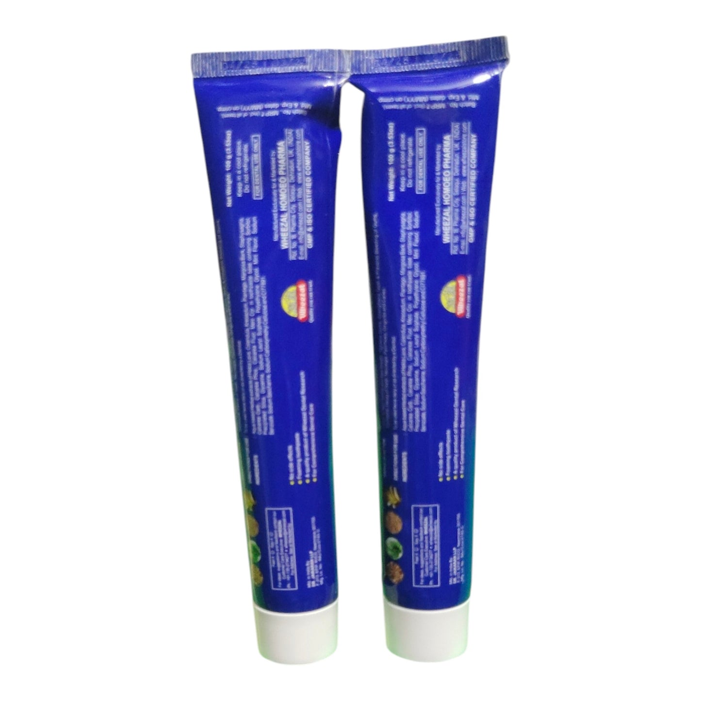 Two blue squeeze tubes of toothpaste standing upright side by side on a plain white background.