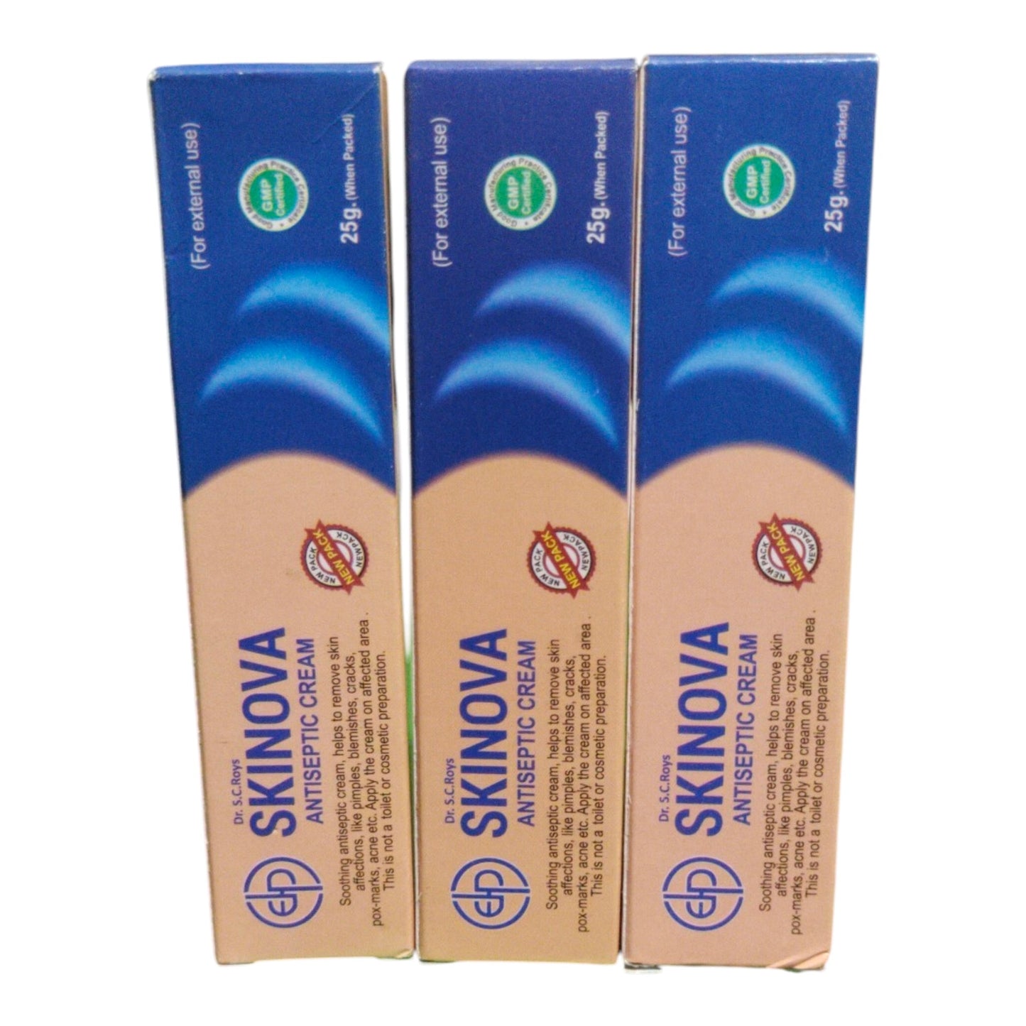 Three boxes of SKINOVA Antiseptic Cream arranged side by side on a plain white background.
