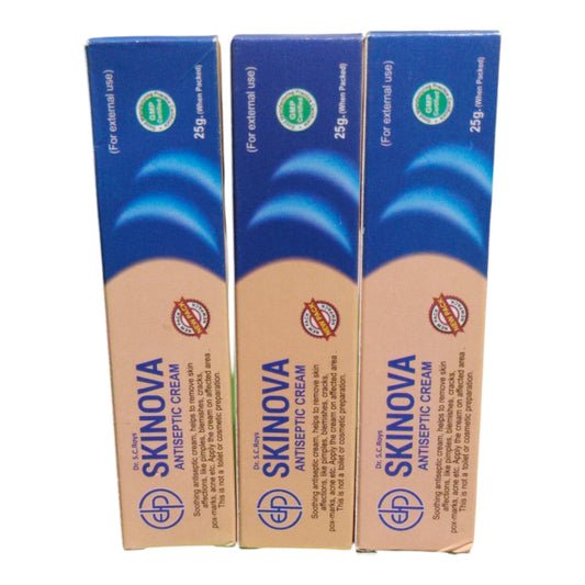 Three boxes of SKINOVA Antiseptic Cream arranged side by side on a plain white background.