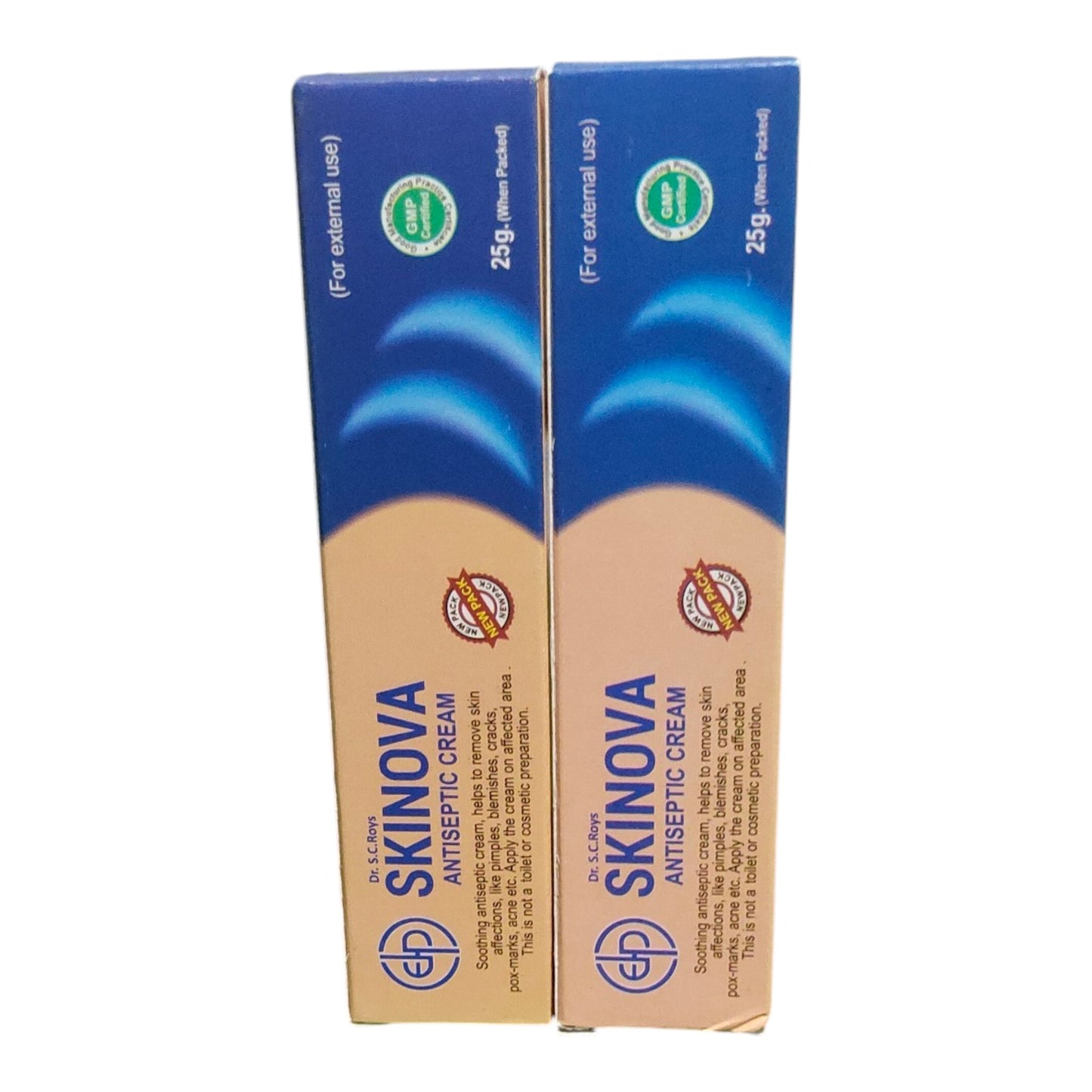 Two boxes of SKINOVA Antiseptic Cream side by side on a plain white background.