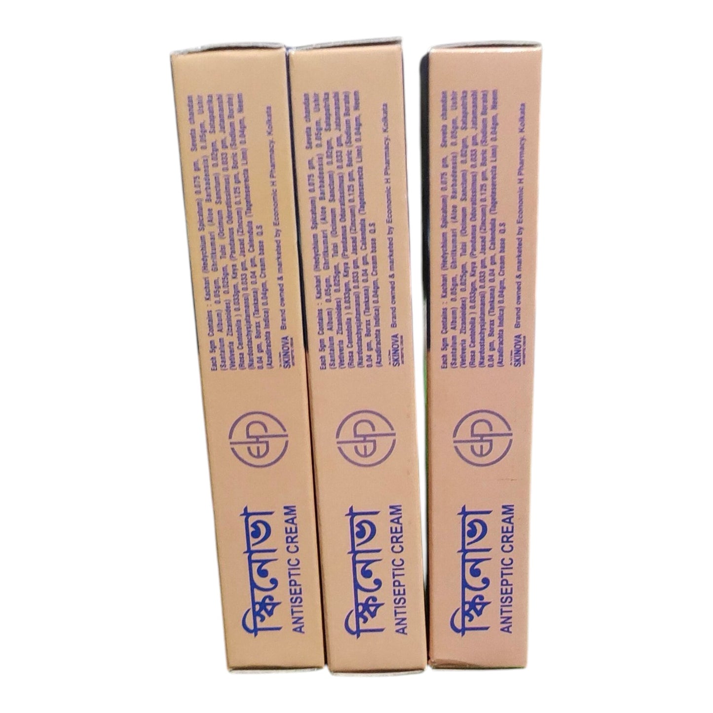 Three beige cardboard boxes of Antiseptic Cream with blue text and logo, arranged side by side on a white background.