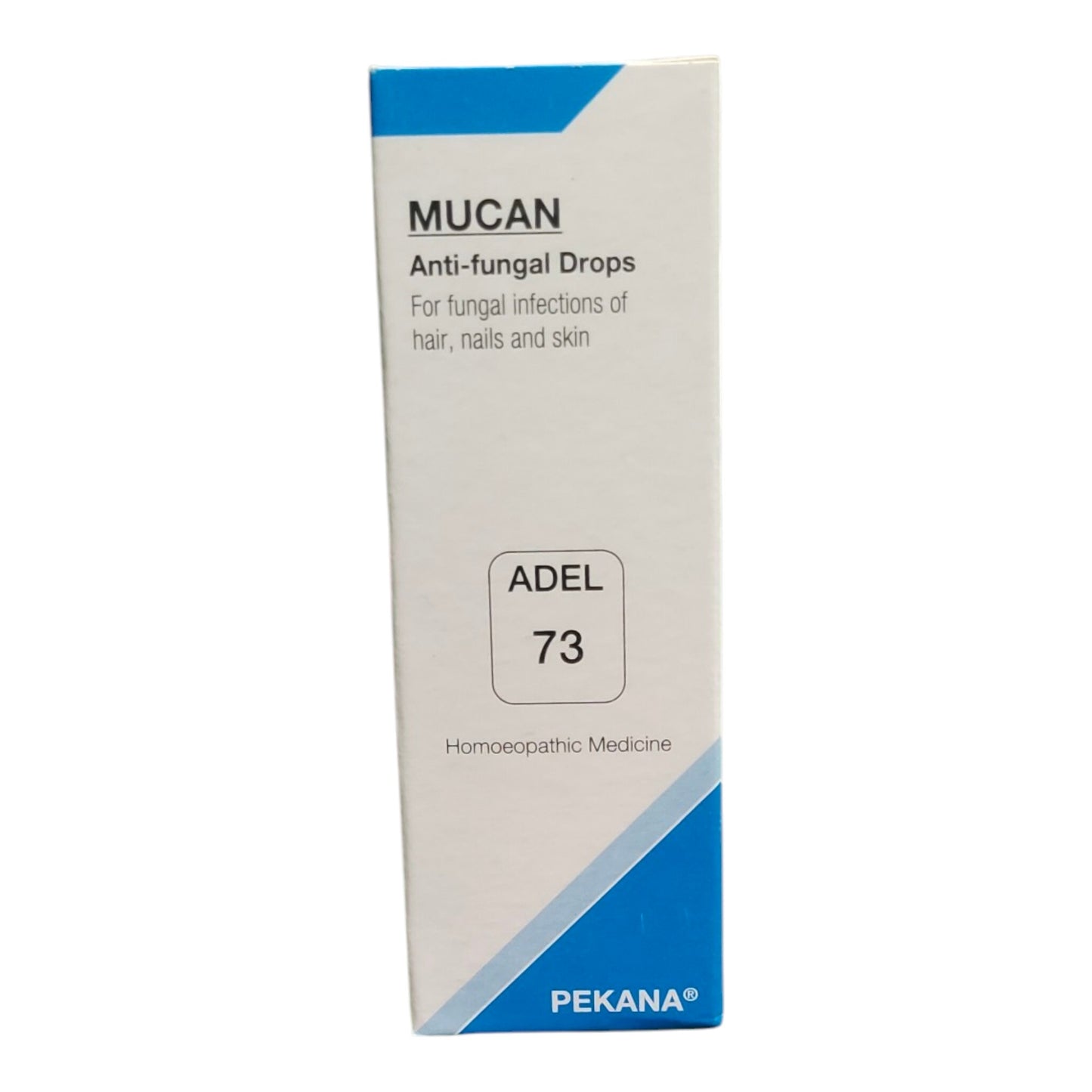 A tall rectangular white medicine box with blue corner accents and black text reading 'MUCAN Anti-fungal Drops' and 'PEKANA'.