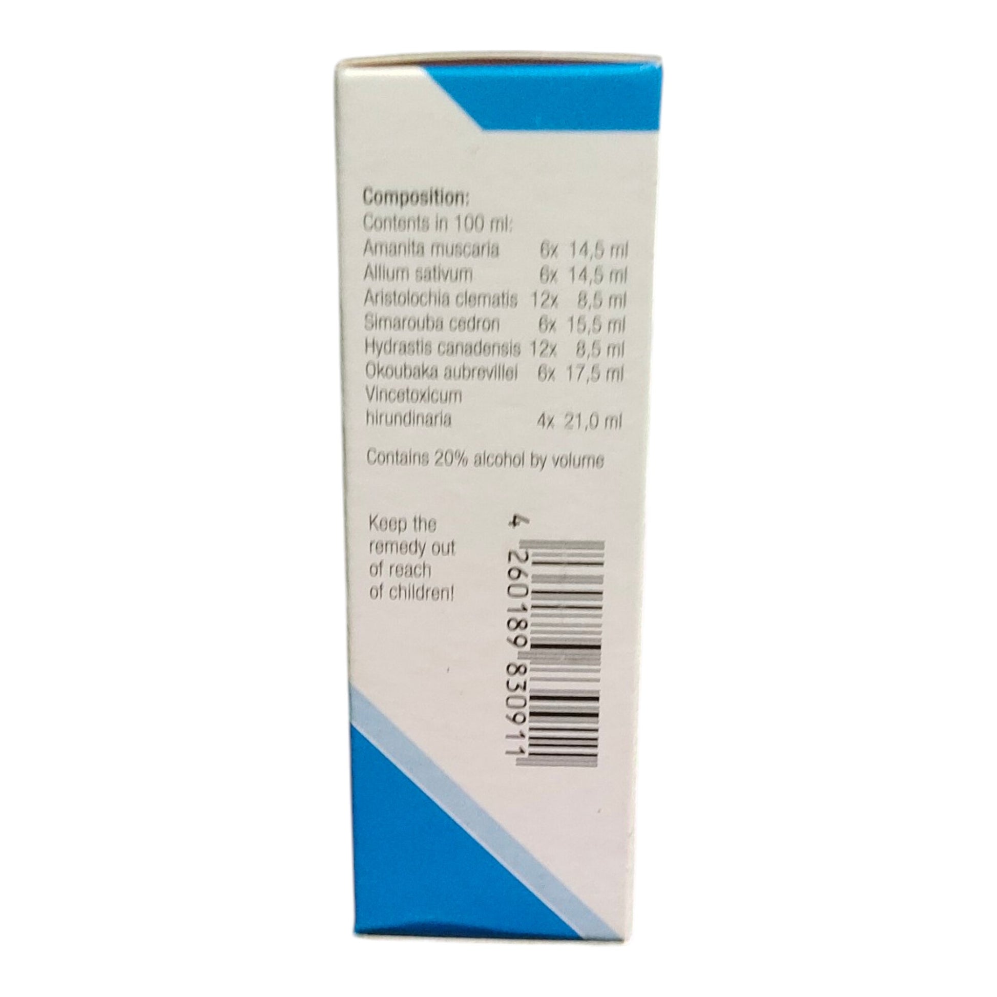 The back of a white medicine box with blue corner accents, showing the composition list, barcode, and warning text in black print on a white background.