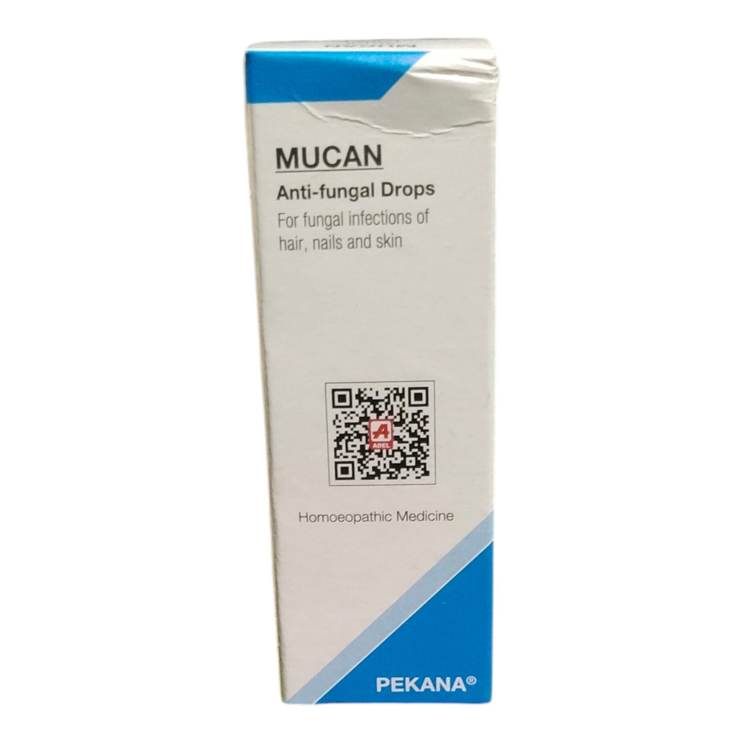 A box of PEKANA MUCAN Anti-fungal Drops, a homeopathic medicine. The packaging is white with blue accents at the top and bottom corners, featuring the brand name PEKANA and product name MUCAN.