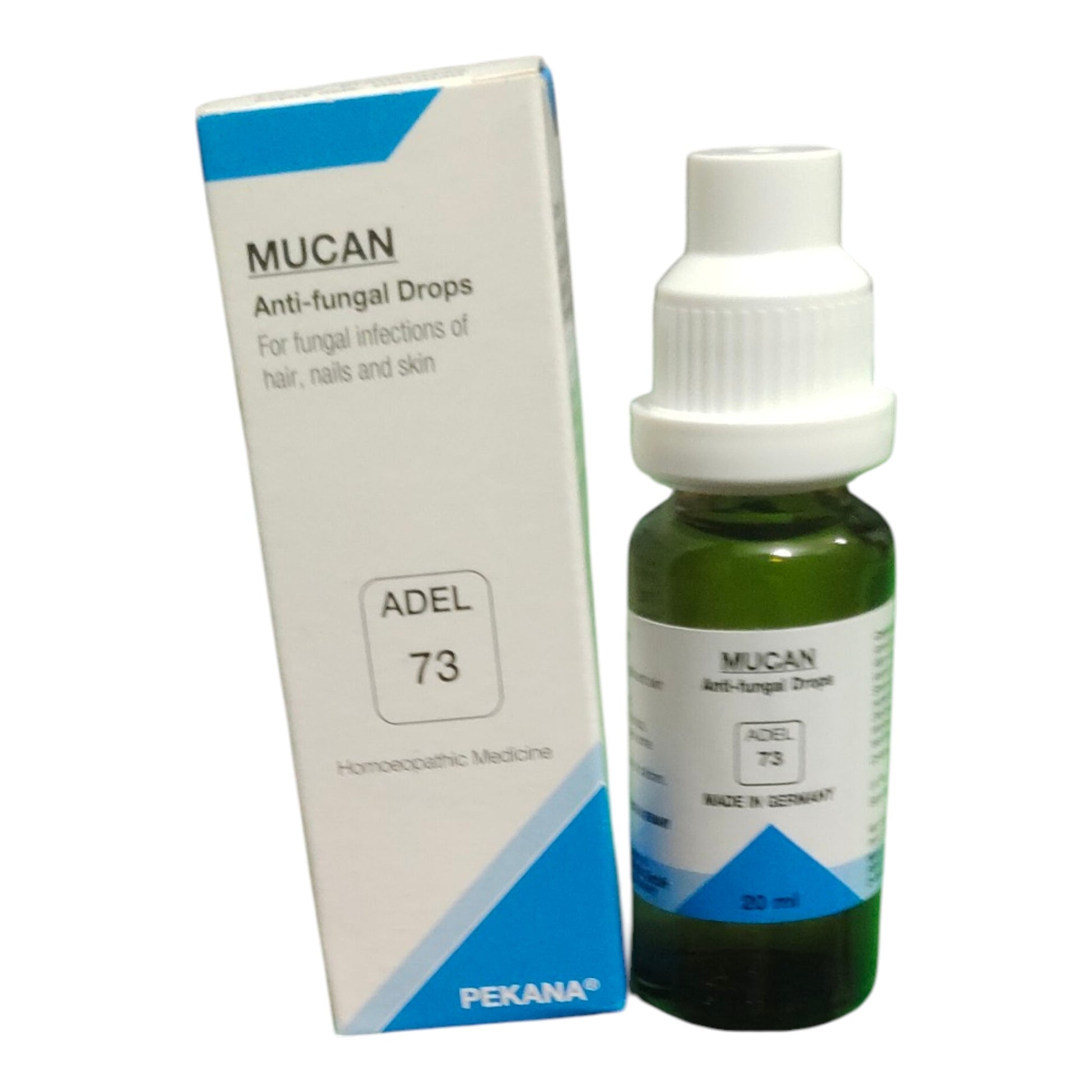 MUCAN Anti-fungal Drops Adel 73 by Pekana, shown with its white and blue retail box next to a dark green glass dropper bottle with a white cap.