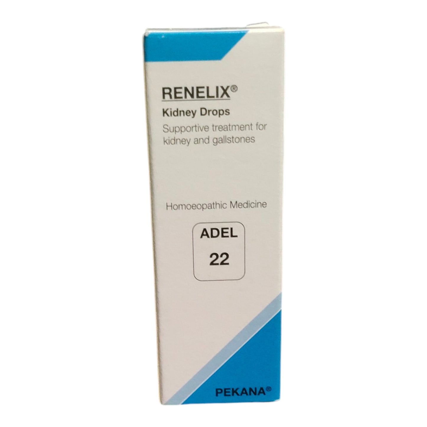 A box of Renelix Kidney Drops, Adel 22, a homeopathic medicine by Pekana, shown on a plain white background.