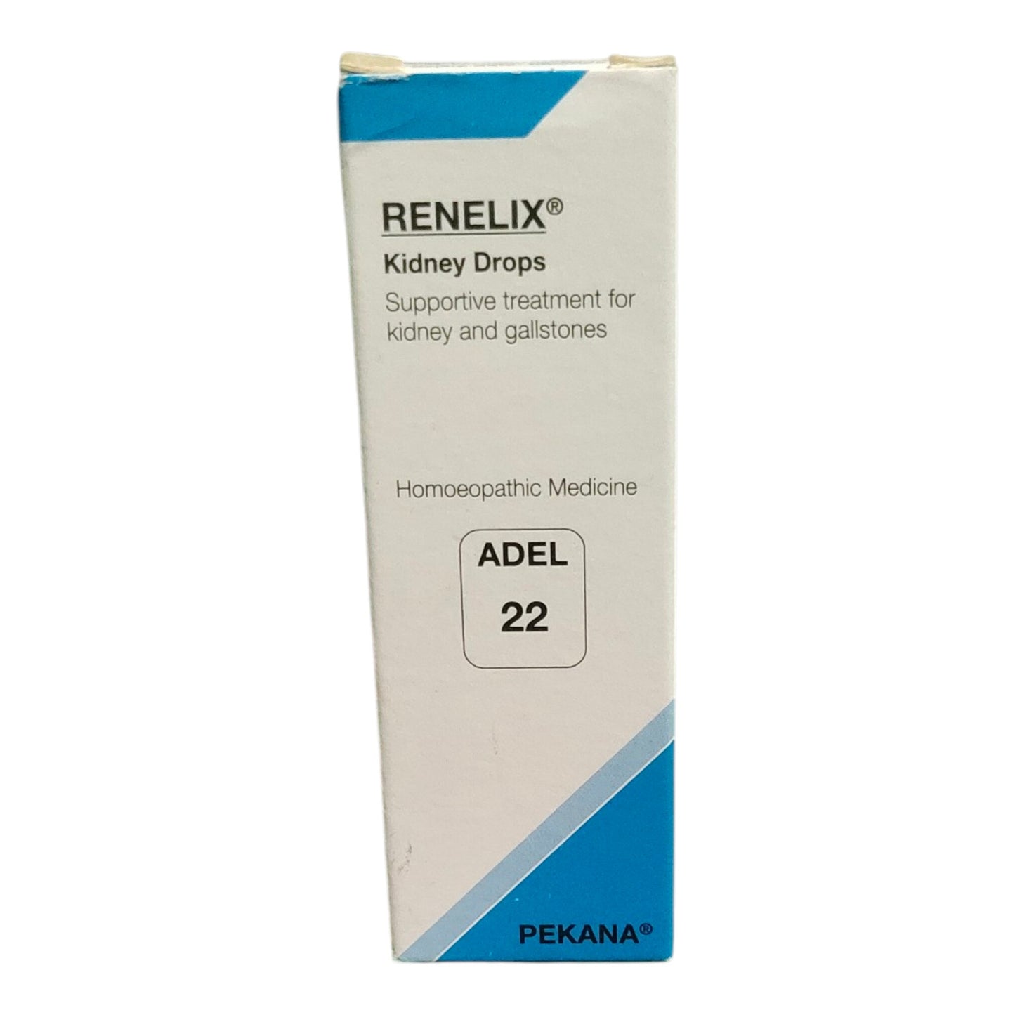 A box of Renelix Kidney Drops, Adel 22, a homeopathic medicine by Pekana, shown on a plain white background.