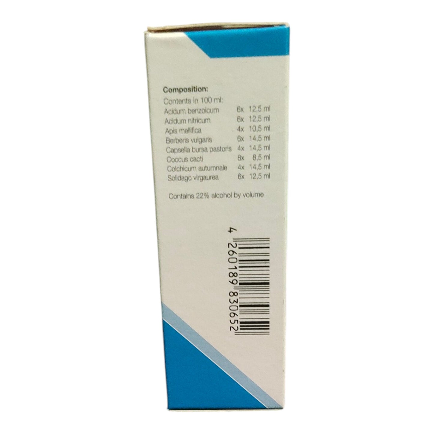 The back of a white and blue cardboard box showing the composition list, barcode, and alcohol content, photographed against a plain white background.