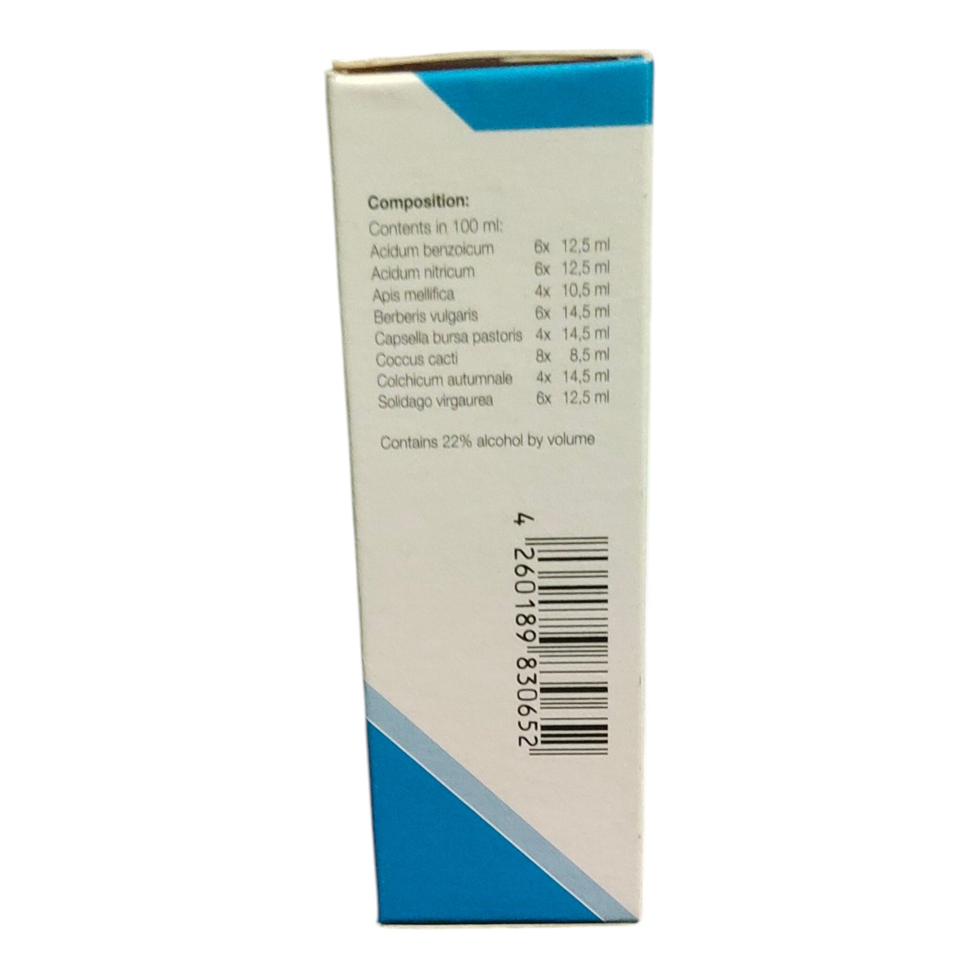 The back of a white and blue cardboard box showing the composition list, barcode, and alcohol content, photographed against a plain white background.