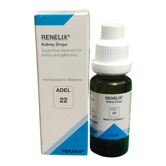 Renelix Kidney Drops Adel 22 homeopathic medicine shown with its white and blue retail box next to the dark amber glass dropper bottle on a white background.
