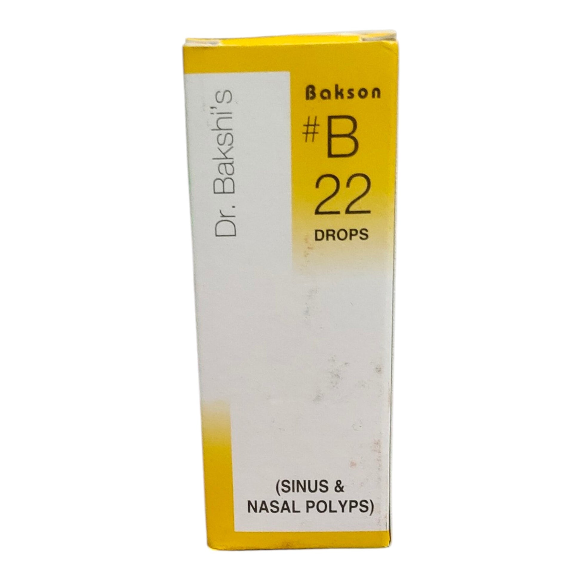 A tall rectangular box of Dr. Bakshi's Bakson #B 22 Drops for sinus and nasal polyps, featuring a white and yellow color scheme with black text.