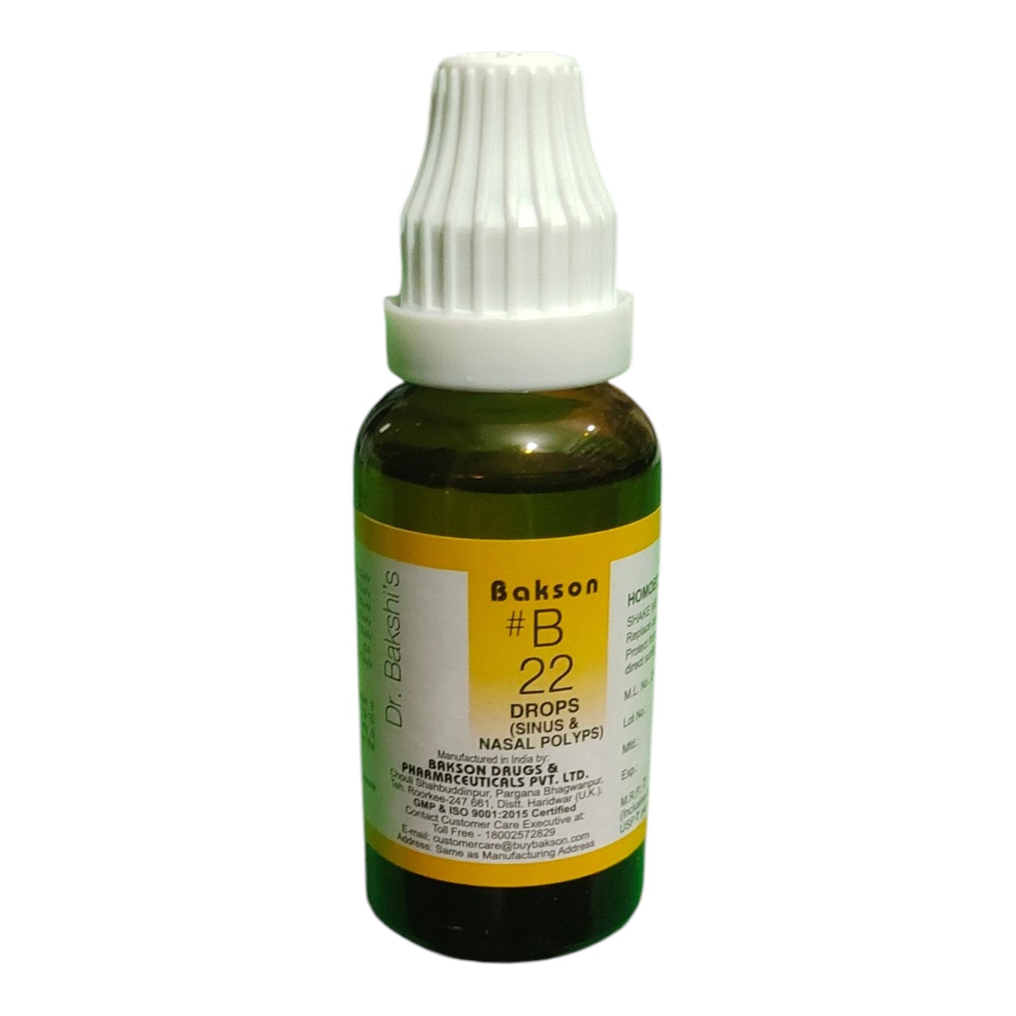 A bottle of Bakson #B 22 Drops (Methylprednisolone) with a white ribbed cap and a yellow and white label, set against a plain white background.