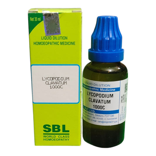 "SBL Lycopodium Clavatum 1000C 30ml – Homeopathic medicine for gas, bloating, indigestion, and liver health"