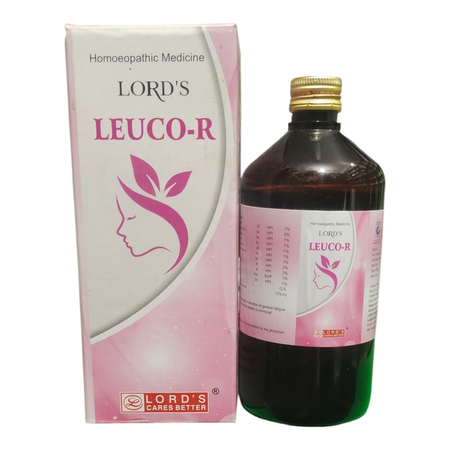 A bottle of Lord's Leuco-R homeopathic medicine next to its pink and white retail box, featuring a pink stylized female silhouette logo.