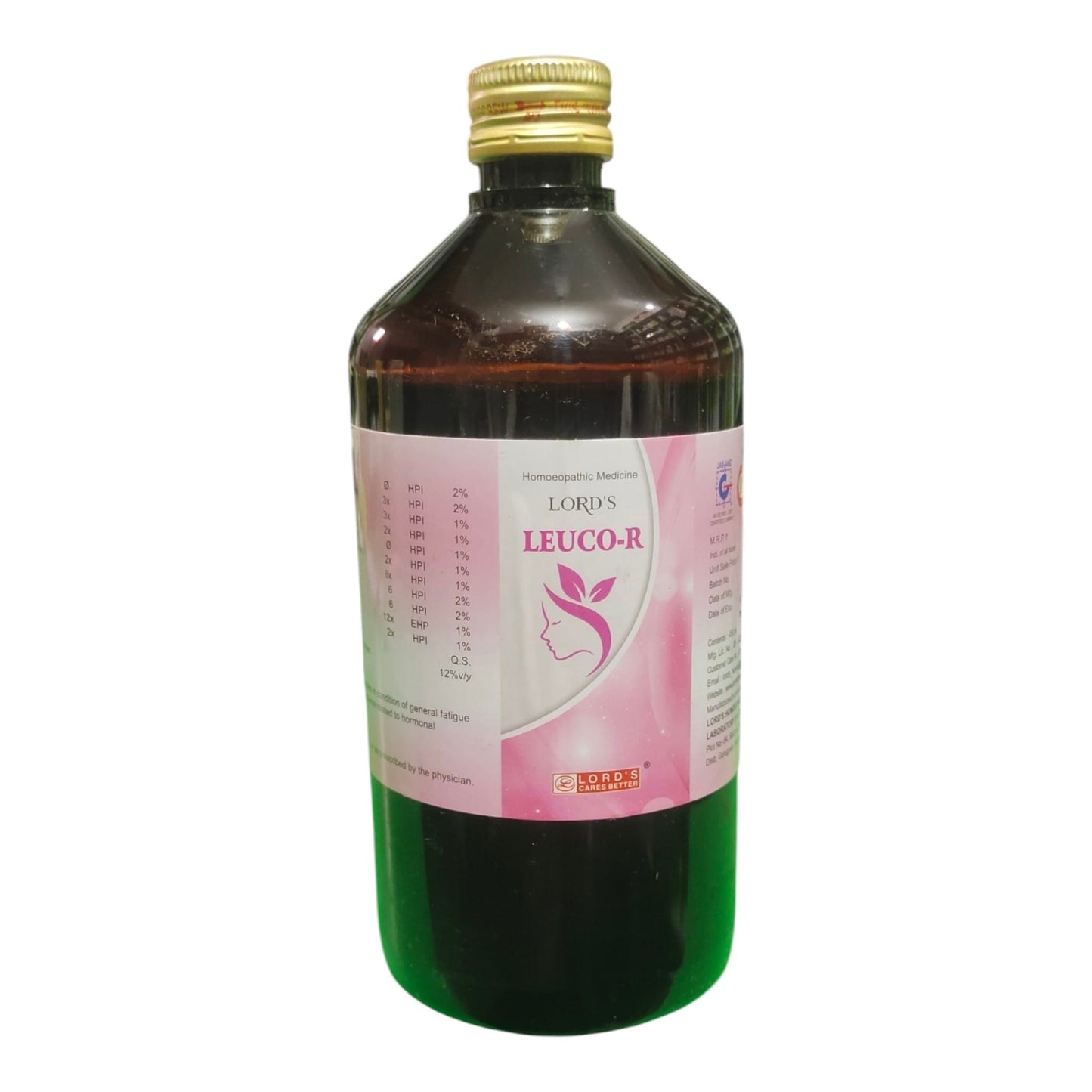A bottle of Lord's Leuco-R Hemoglobin Enhancing Solution, featuring a dark brown glass bottle with a gold cap and a pink and white label.