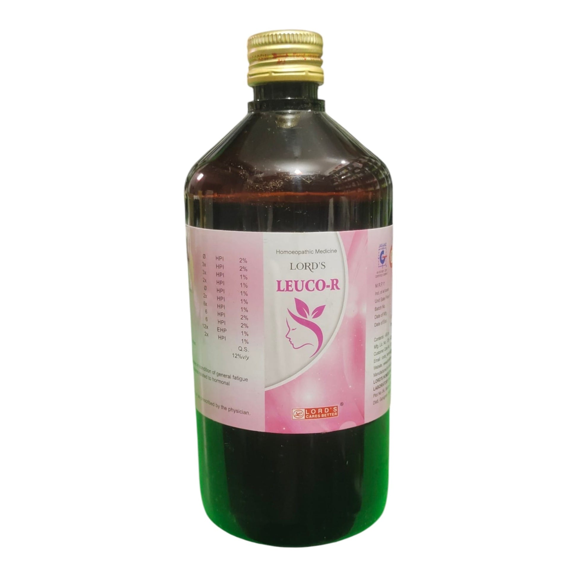 A bottle of Lord's Leuco-R Hemoglobin Enhancing Solution, featuring a dark brown glass bottle with a gold cap and a pink and white label.