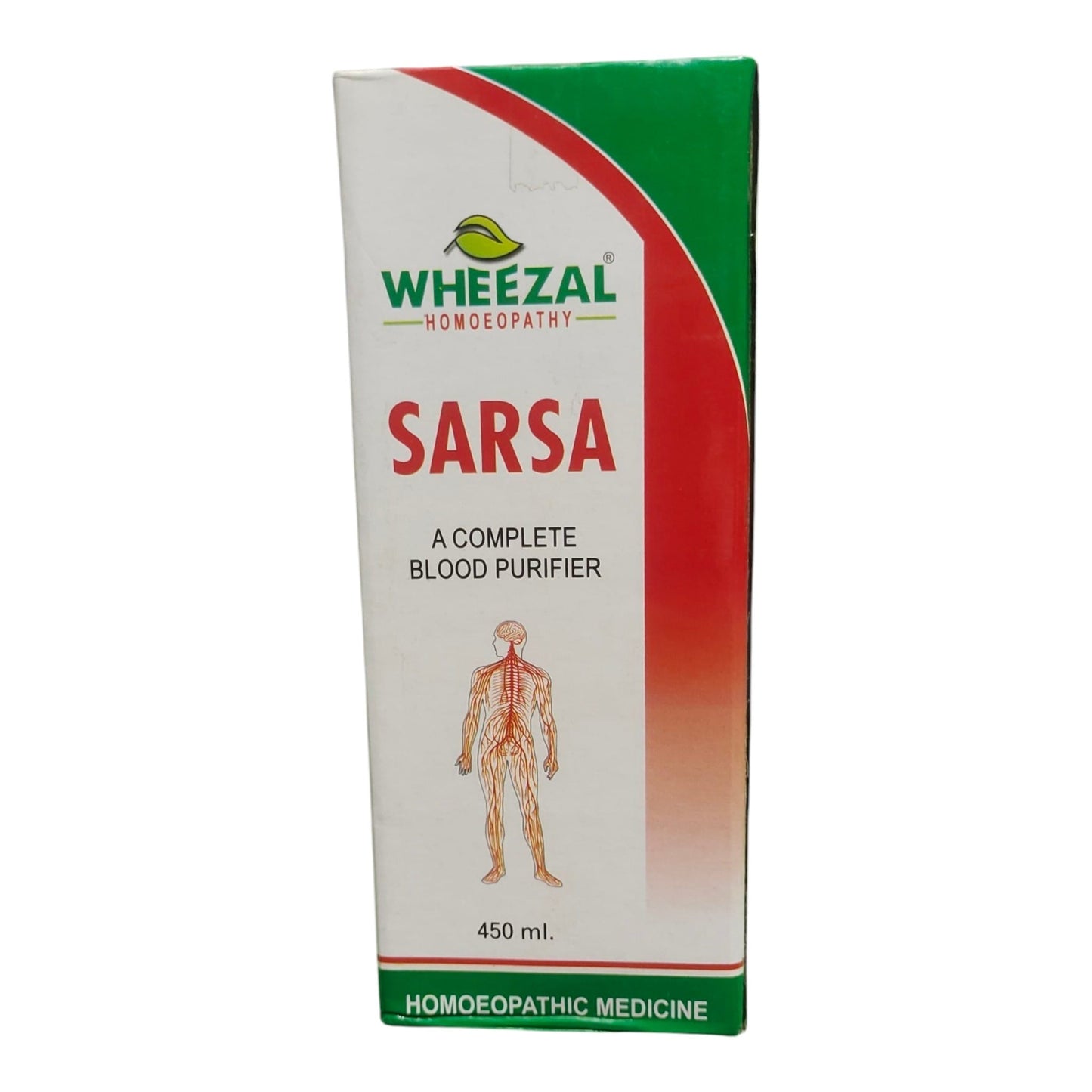Wheezal Homeopathy Sarsa medicine box, 450 ml, featuring a white front with green and red branding and a human anatomical illustration.