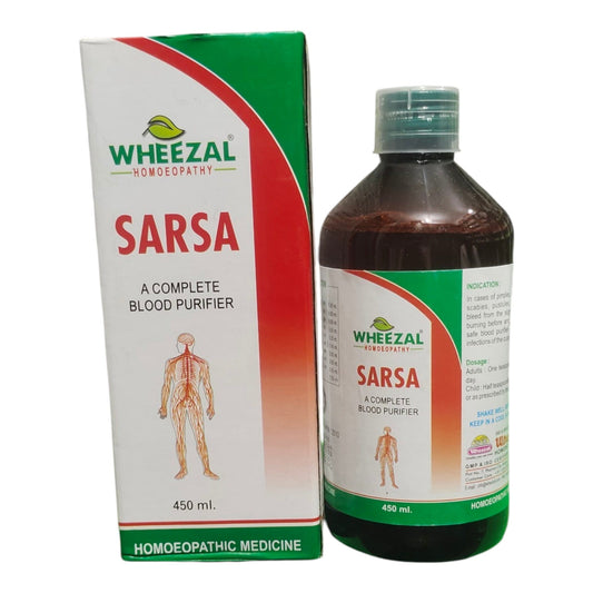 WheeZal Homoeopathy Sarsa 450 ml bottle and its matching green and white retail box, displayed on a clean white background.