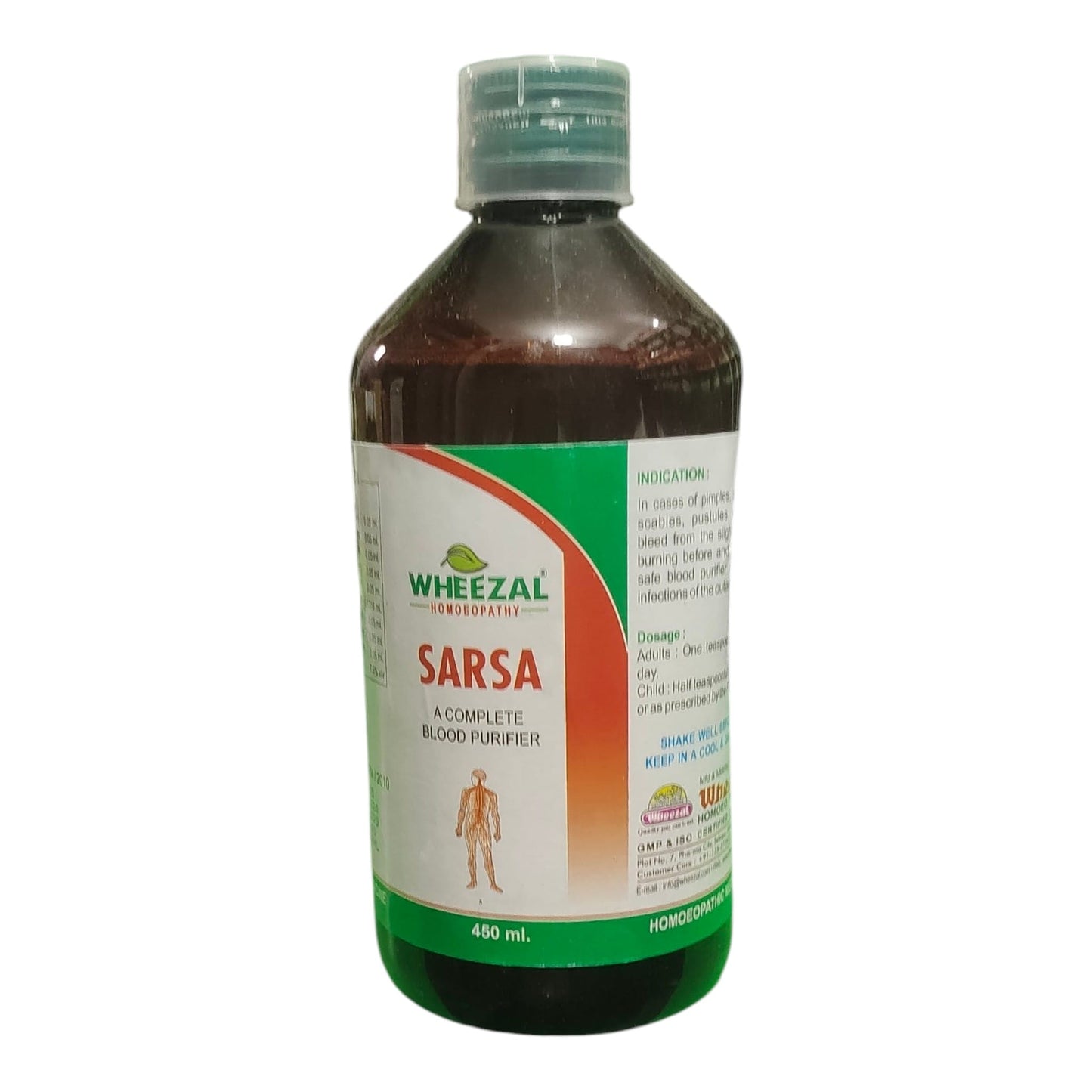 A 450 ml bottle of Wheezal Organism Sarsa, a blood purifier, featuring a dark amber-brown bottle, a green cap, and a white label with green and orange accents.