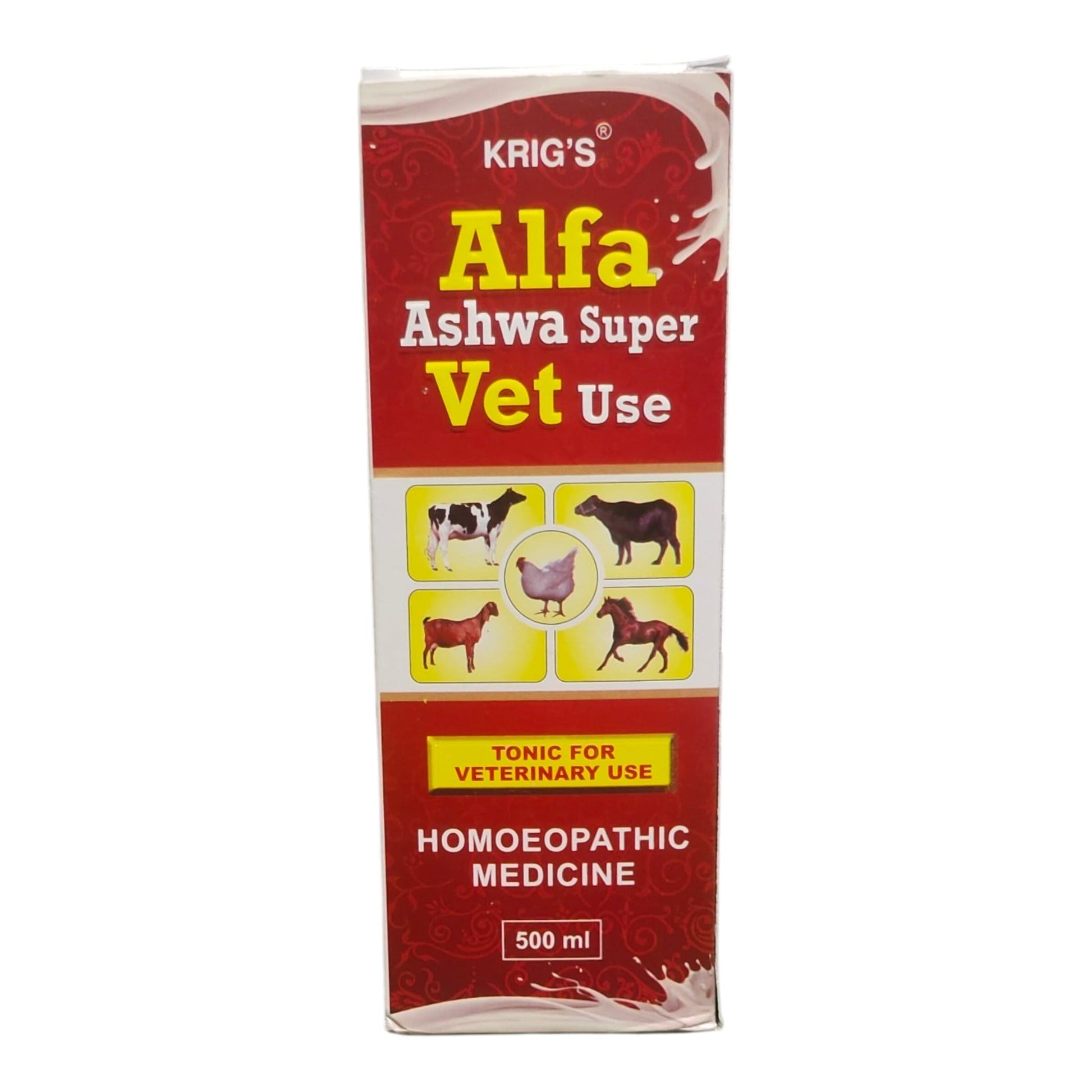 A 500 ml box of Krig's Alfa Ashwa Super Vet Use Homoeopathic Medicine, featuring a red and white design with yellow text and illustrations of various animals.