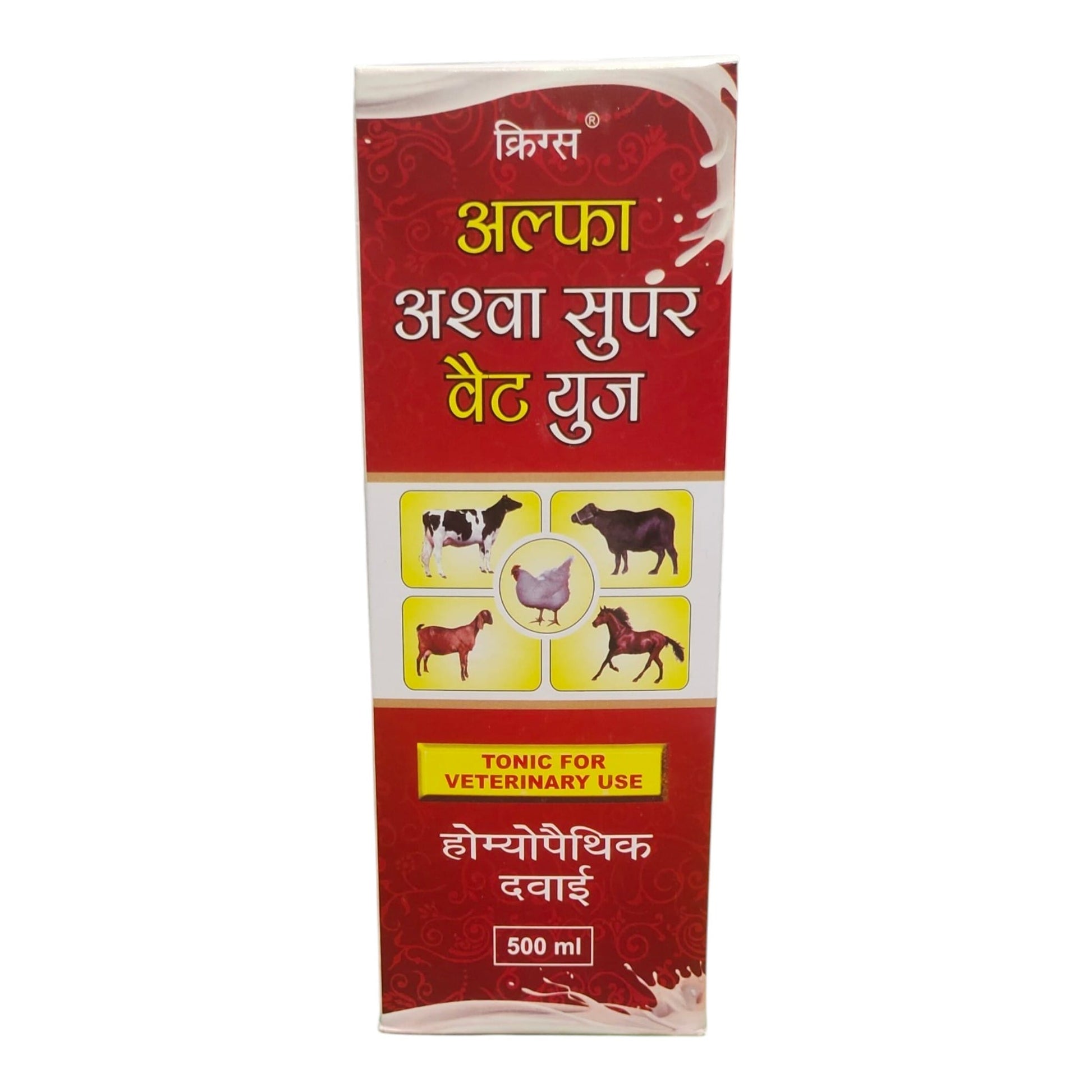 A 500 ml box of Kirus Alfalfa Ashwa Super Vata Yug veterinary tonic, featuring a red and white design with illustrations of cows, a chicken, and horses.