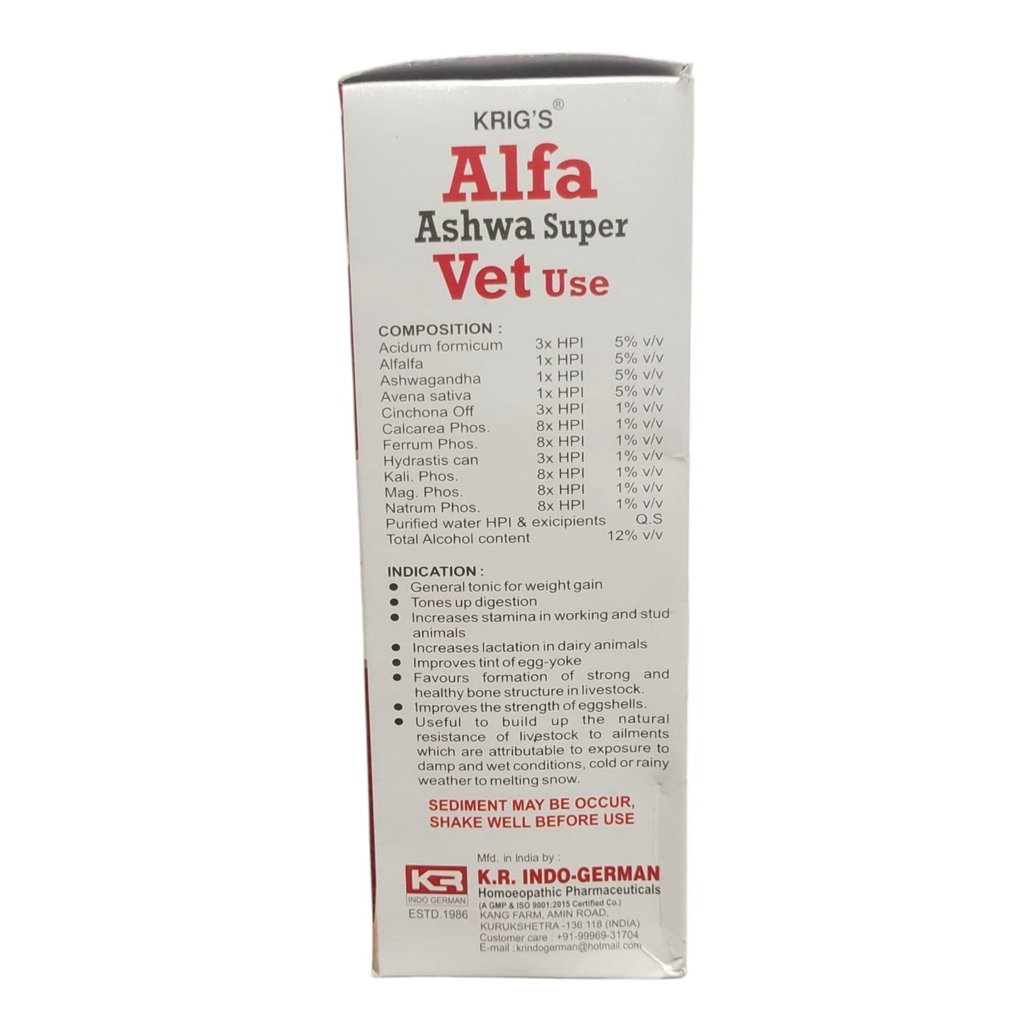 A tall white rectangular box of Krig's Alfa Ashwa Super Vet Use, featuring red and black text on a white background, photographed against a light gray backdrop.