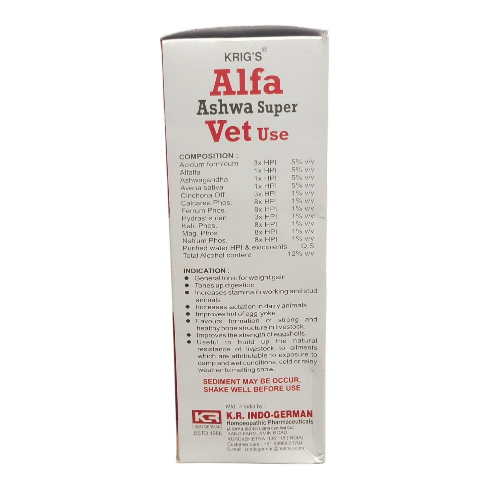 A tall white rectangular box of Krig's Alfa Ashwa Super Vet Use, featuring red and black text on a white background, photographed against a light gray backdrop.