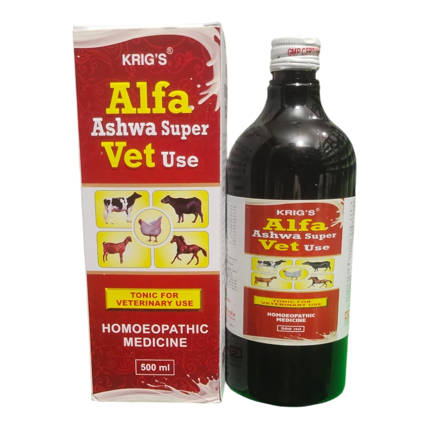 A bottle and box of KRIG'S Alfa Ashwa Super Vet Use Homoeopathic Medicine, 500 ml, shown on a plain white background.