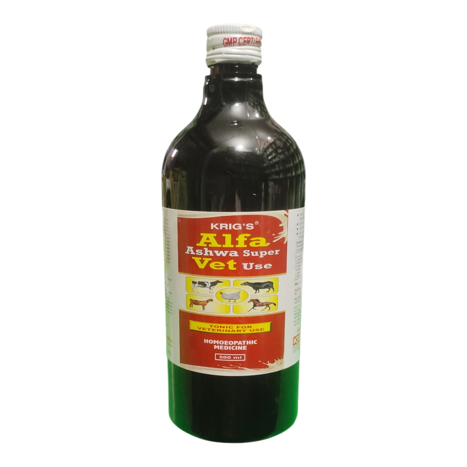 A dark glass bottle of Krig's Alfa Ashwa Super Vet Use homeopathic medicine, featuring a white, red, and yellow label, on a plain white background.