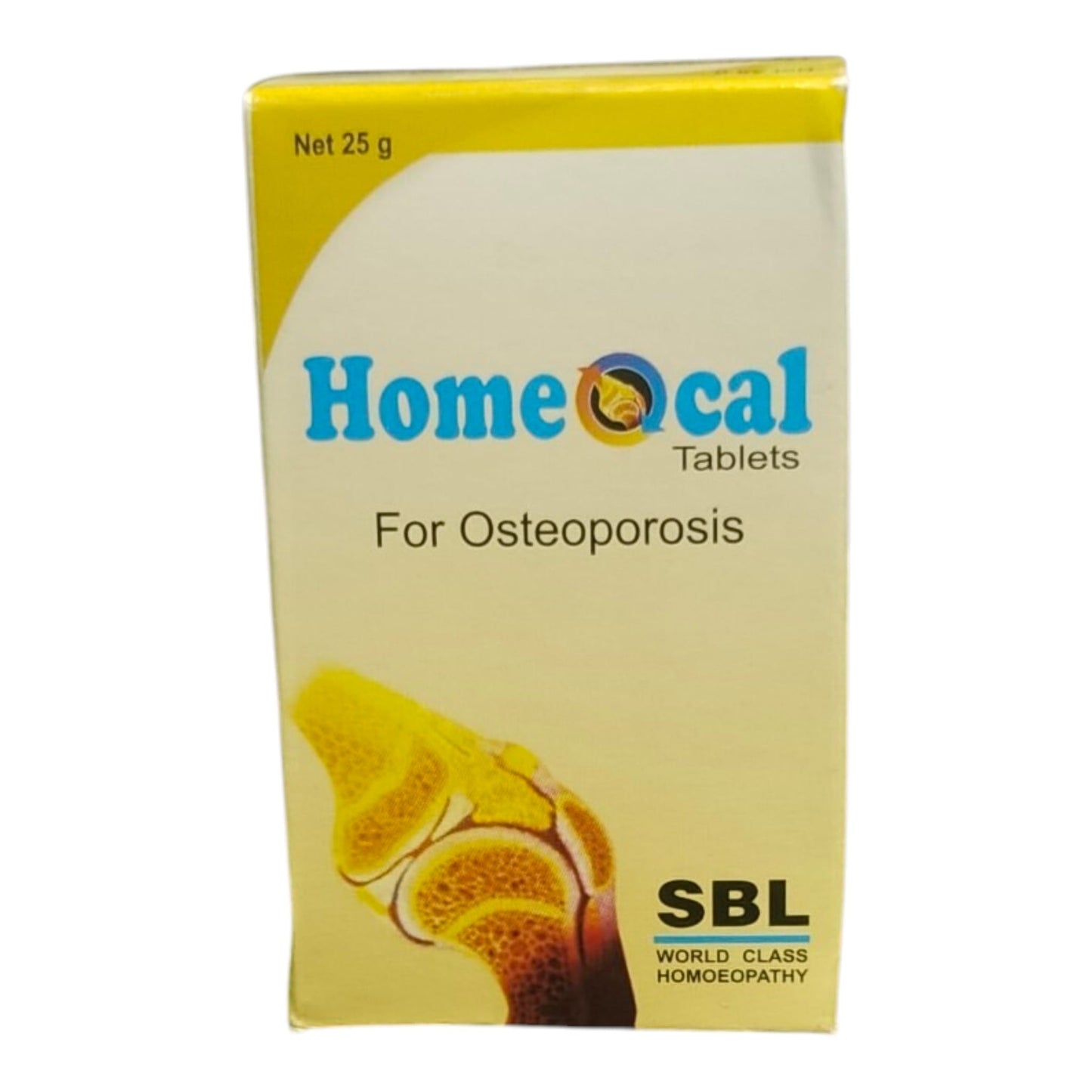 Homeocal Tablets for Osteoporosis, 25g box featuring a yellow and cream design with a knee illustration and SBL branding.