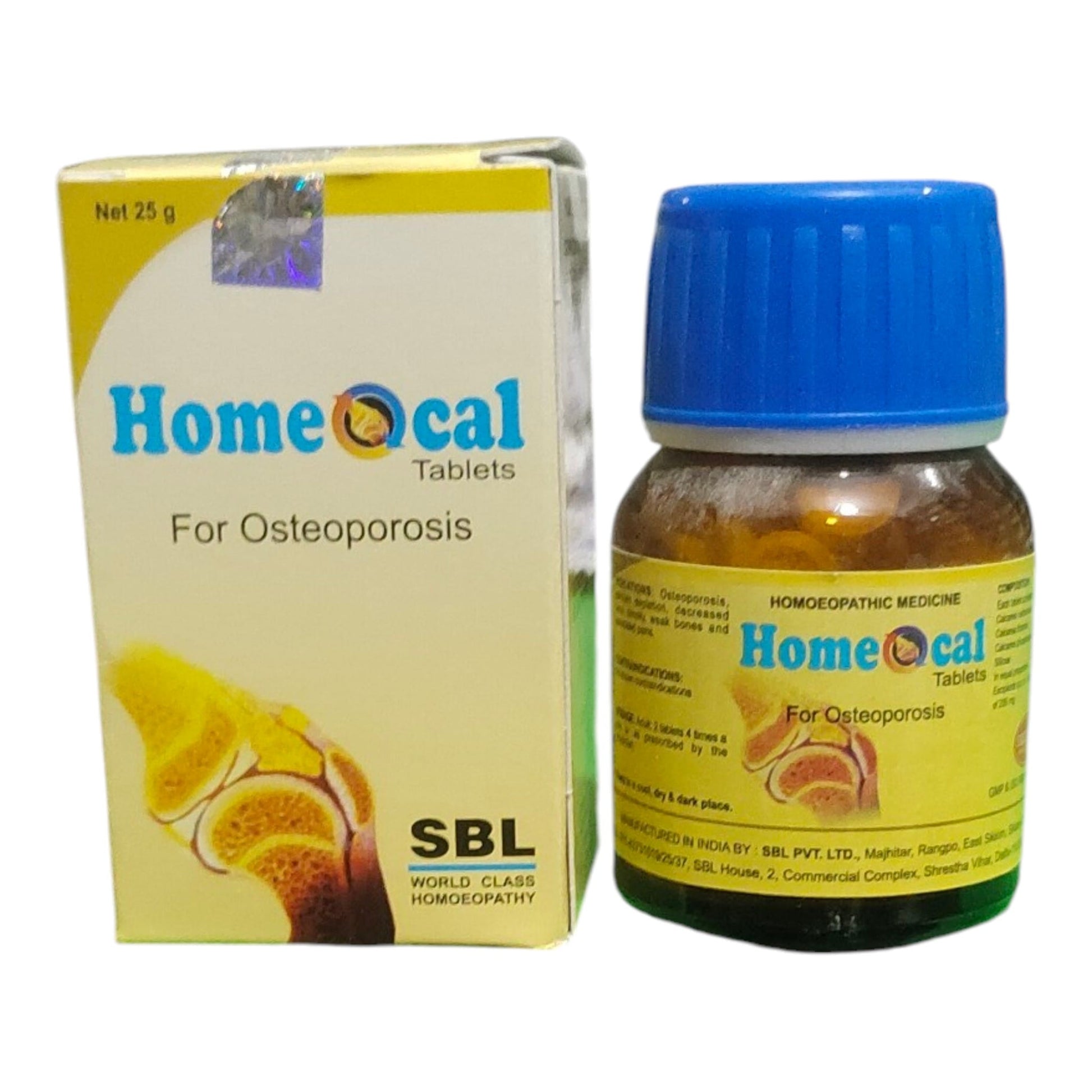 Homeocal Tablets for Osteoporosis homeopathic medicine shown with its yellow and blue cardboard box and the amber glass bottle with a blue cap.
