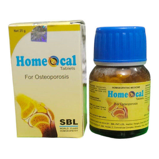 Homeocal Tablets for Osteoporosis homeopathic medicine shown with its yellow and blue cardboard box and the amber glass bottle with a blue cap.
