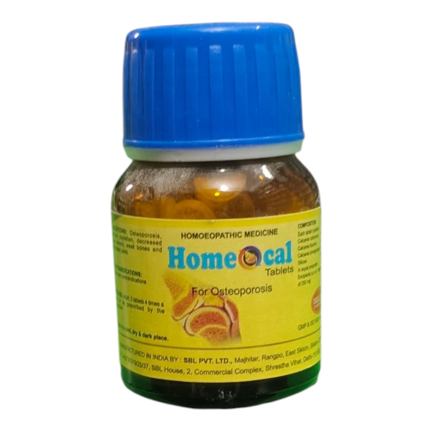 Homeocal Tablets for Osteoporosis in a clear plastic bottle with a bright blue cap and a yellow label, containing orange-yellow tablets.