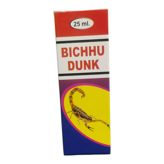 A 25 ml box of Bichhu Dunk, featuring a red, white, and blue packaging design with a yellow oval and a scorpion illustration.
