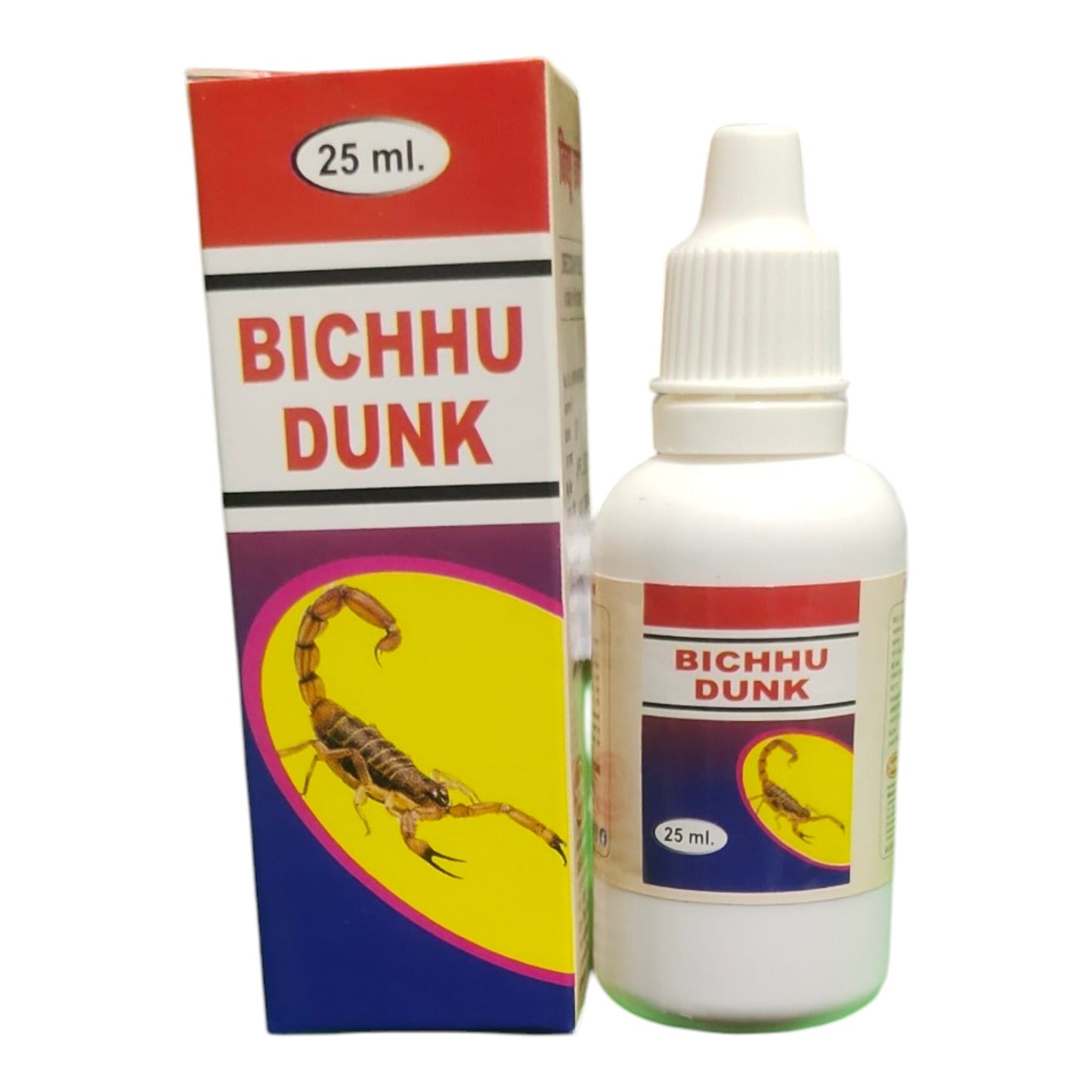 Bichhu Dunk 25 ml bottle and packaging box featuring a yellow scorpion graphic on a white, red, and blue background.