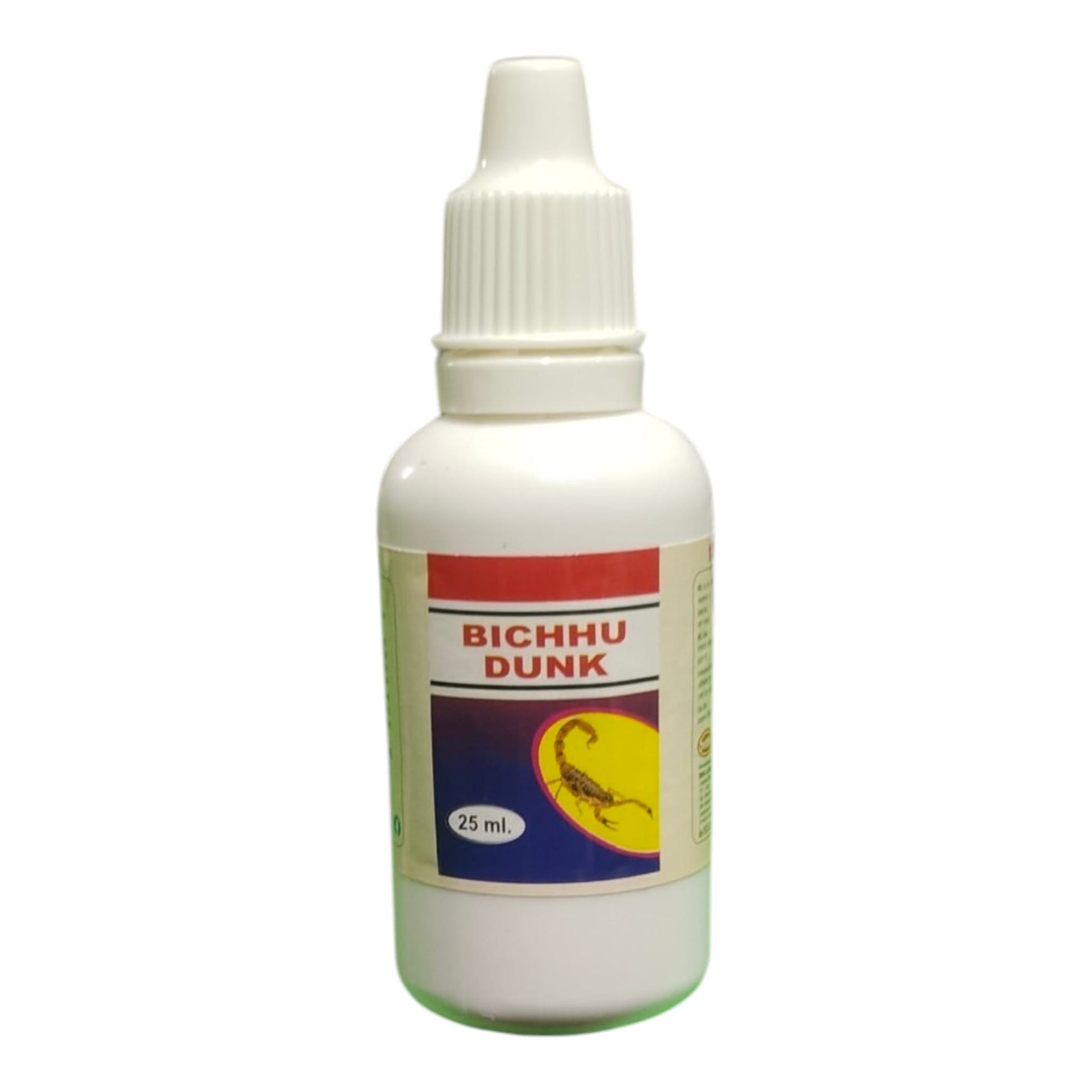 A 25 ml bottle of Bichhu Dunk, a snake oil product, featuring a white plastic bottle with a white dropper cap and a colorful label with a scorpion graphic.