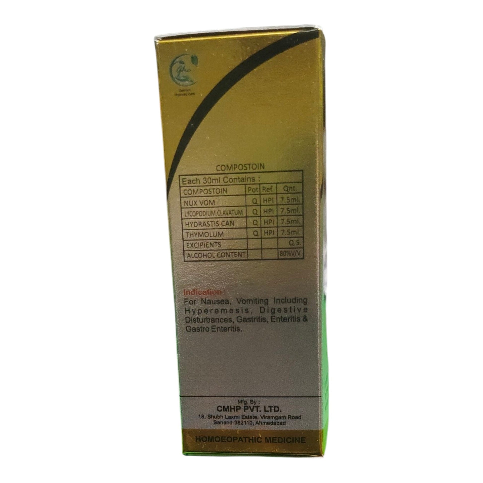 A tall rectangular box of Compostoin homeopathic medicine, showing the back panel with product details, ingredients, and manufacturer information from CMHP PVT. LTD.